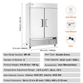 Commercial Freezer 44.21 cubic feet, 54.4-inch wide double doors, automatic defrost with 8 adjustable shelves, -13 to 5°F temperature control, LED lighting, 4 wheels
